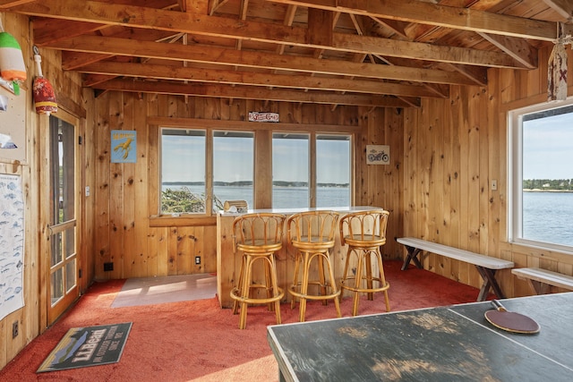 interior space featuring bar, wooden walls, and a water view