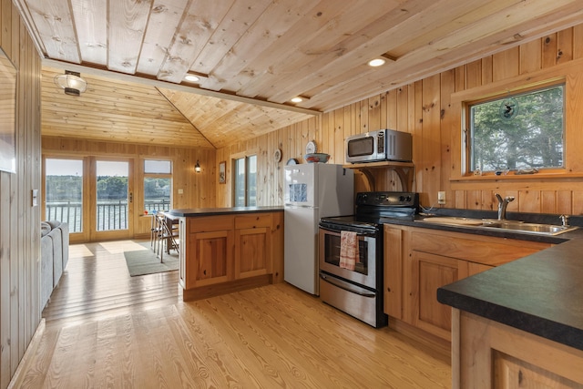 kitchen featuring sink, wood ceiling, a water view, light wood-type flooring, and stainless steel appliances