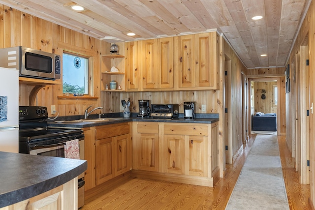 kitchen featuring wood walls, sink, light hardwood / wood-style floors, wood ceiling, and electric stove