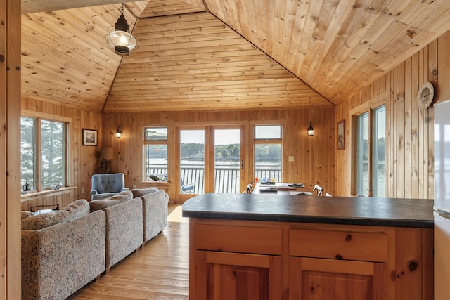 kitchen with lofted ceiling, wood ceiling, plenty of natural light, and a water view