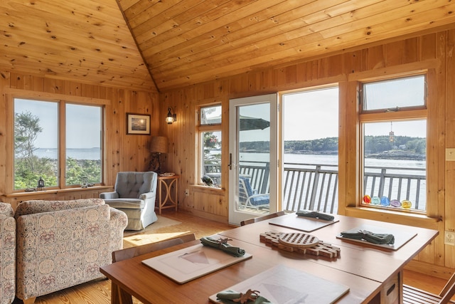 interior space featuring a water view, wood ceiling, and lofted ceiling