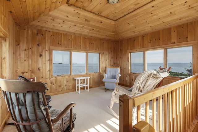 interior space featuring lofted ceiling, a water view, wood ceiling, wooden walls, and carpet