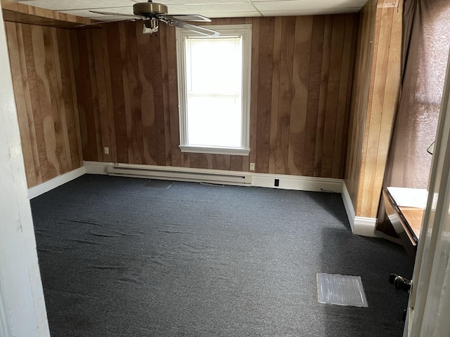 spare room featuring ceiling fan, wood walls, and carpet floors