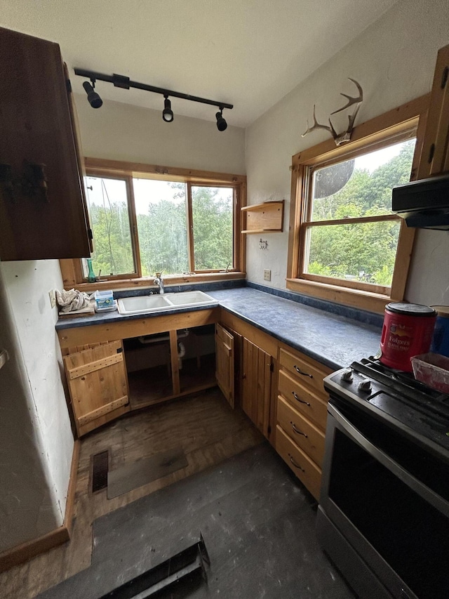 kitchen featuring stainless steel range, sink, exhaust hood, and track lighting