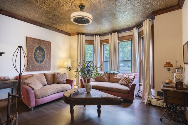 living room featuring dark wood-type flooring and ornamental molding