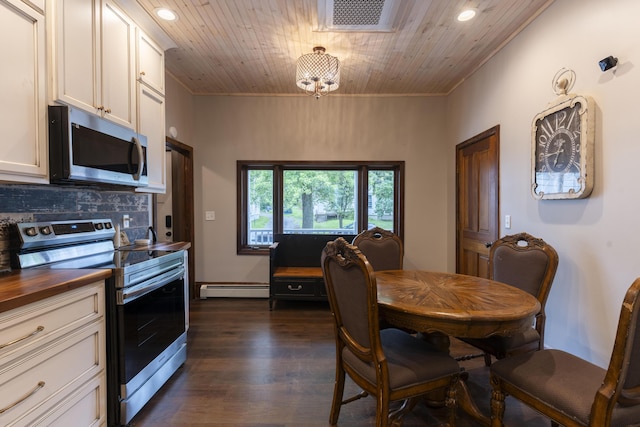 dining room featuring a baseboard radiator, wood ceiling, an inviting chandelier, dark hardwood / wood-style floors, and crown molding