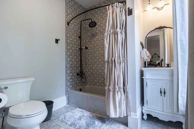 full bathroom featuring toilet, shower / bathtub combination with curtain, tile patterned floors, and vanity