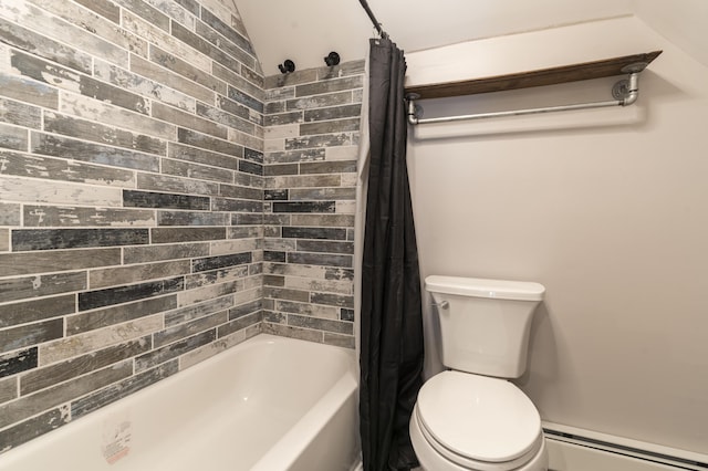 bathroom featuring toilet, baseboard heating, and shower / tub combo with curtain