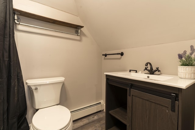 bathroom with toilet, vanity, vaulted ceiling, hardwood / wood-style floors, and a baseboard radiator