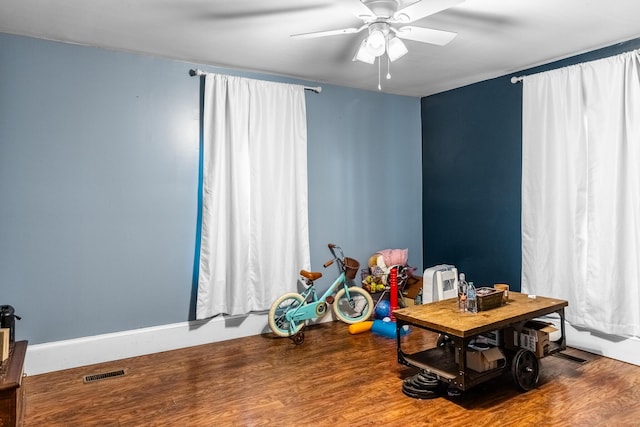 game room featuring ceiling fan and hardwood / wood-style floors