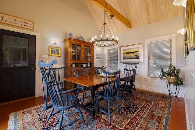 dining area with high vaulted ceiling, a chandelier, dark hardwood / wood-style flooring, and beamed ceiling