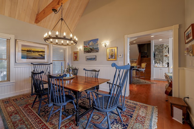 dining space with high vaulted ceiling, wood-type flooring, beamed ceiling, and a chandelier