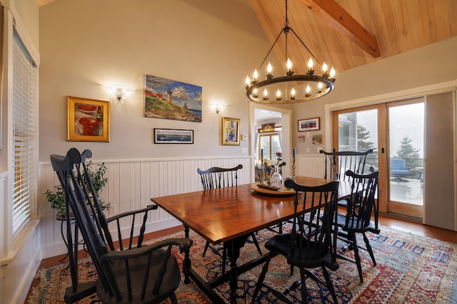 dining room featuring wood ceiling, french doors, an inviting chandelier, high vaulted ceiling, and hardwood / wood-style flooring