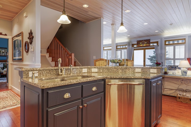 kitchen with pendant lighting, wood ceiling, light hardwood / wood-style floors, sink, and stainless steel dishwasher