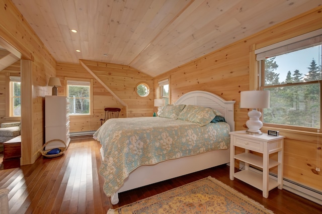 bedroom featuring vaulted ceiling, dark hardwood / wood-style flooring, multiple windows, and wooden ceiling