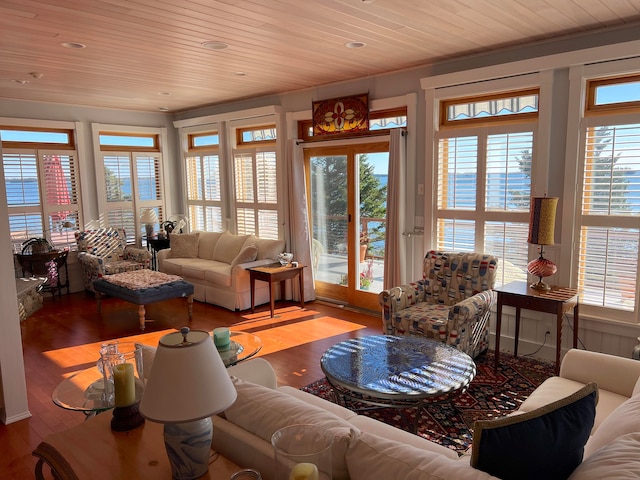 interior space featuring a water view, a healthy amount of sunlight, light wood-type flooring, and wood ceiling