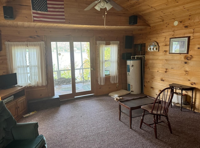 living room with water heater, ceiling fan, a wealth of natural light, and wooden walls