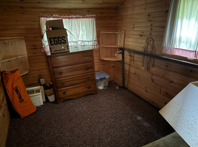 carpeted bedroom featuring wooden walls and multiple windows