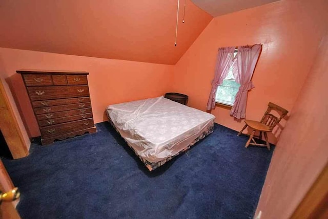 bedroom featuring dark carpet and vaulted ceiling