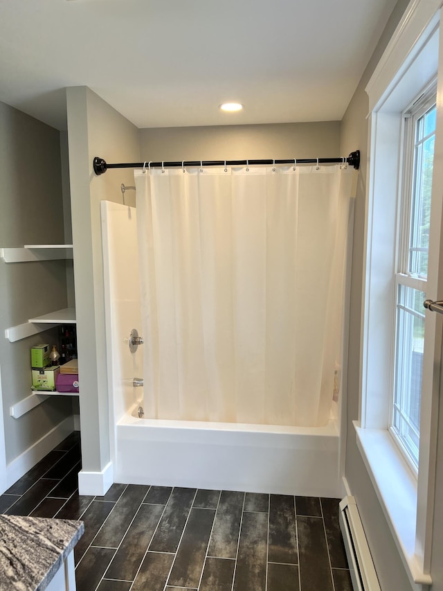 1341 Cape Rd, Limington, ME 04049 - bathroom featuring shower / bath combo, baseboards, a baseboard heating unit, and recessed lighting