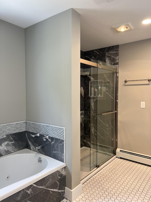 1341 Cape Rd, Limington, ME 04049 - full bath with a baseboard radiator, a garden tub, a marble finish shower, and recessed lighting