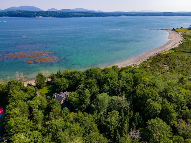 drone / aerial view with a water and mountain view