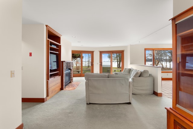 living room with light colored carpet