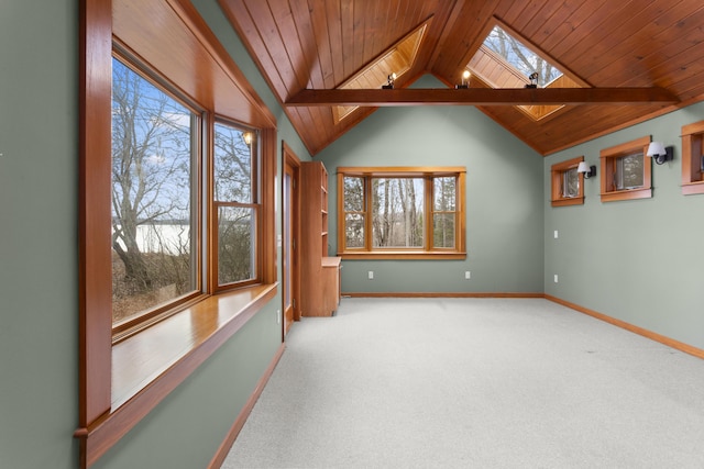 unfurnished room featuring wooden ceiling, vaulted ceiling with skylight, and carpet