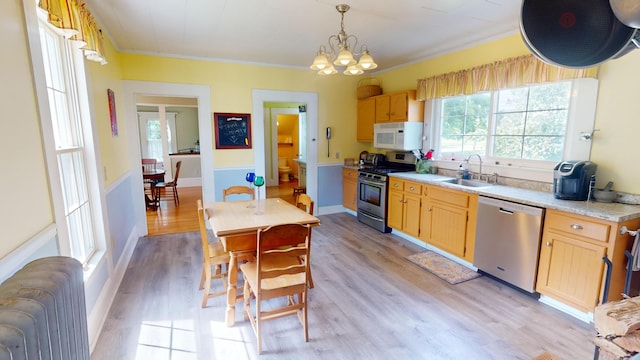 kitchen featuring radiator, stainless steel appliances, an inviting chandelier, sink, and light hardwood / wood-style flooring