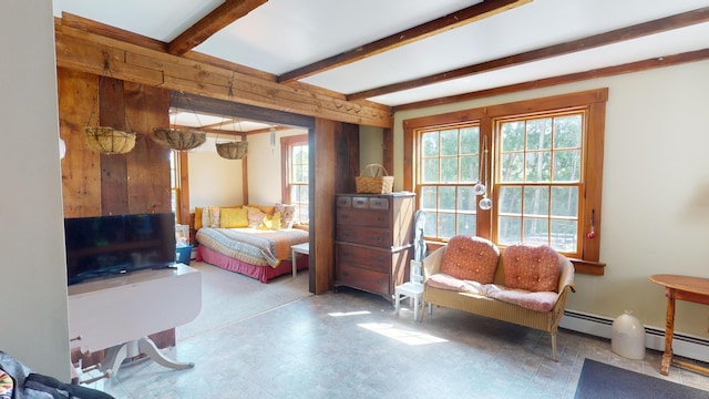 bedroom featuring beam ceiling