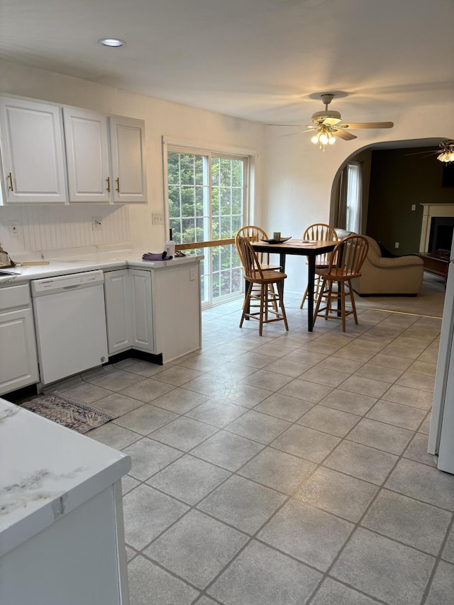 186 Line Rd, Buxton, ME 04093 - kitchen featuring white dishwasher, a ceiling fan, light tile patterned floors, light countertops, and recessed lighting