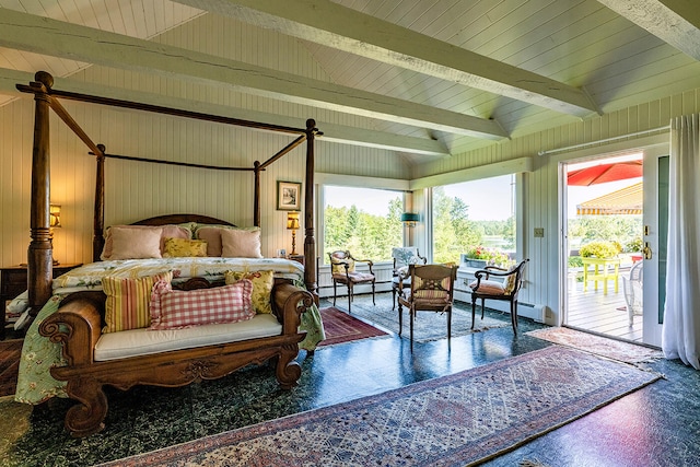 bedroom featuring lofted ceiling with beams, access to outside, and a baseboard radiator