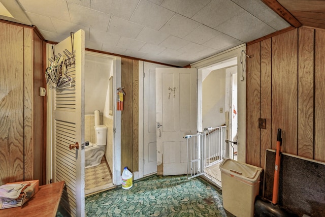 miscellaneous room featuring carpet flooring and wood walls