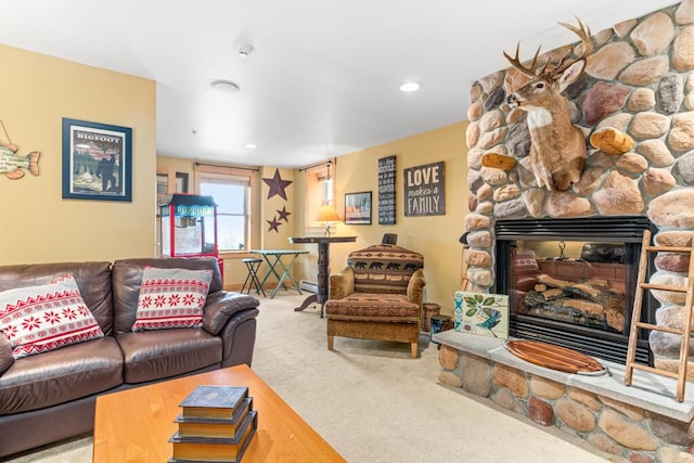 carpeted living room with a fireplace