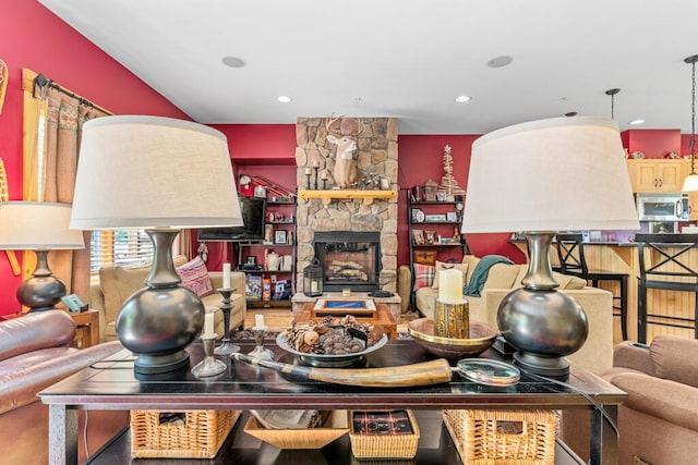 kitchen featuring a stone fireplace