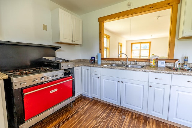 kitchen with sink, white cabinetry, and dark wood-type flooring