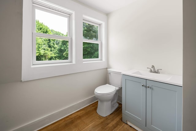 bathroom with toilet, wood-type flooring, and vanity