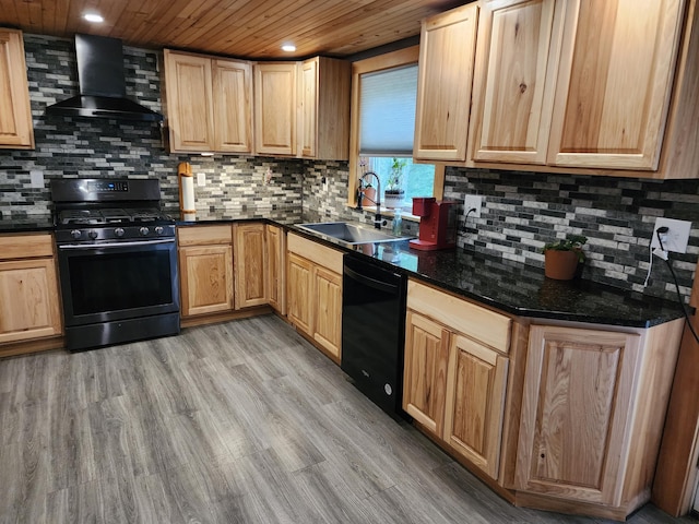19 Resh Rd, Searsport, ME 04974 - kitchen featuring black appliances, exhaust hood, wooden ceiling, decorative backsplash, and recessed lighting