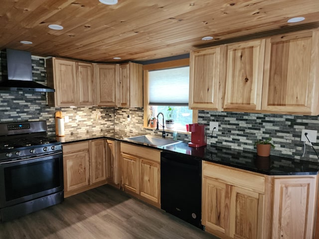 19 Resh Rd, Searsport, ME 04974 - kitchen featuring gas range oven, wall chimney exhaust hood, black dishwasher, light brown cabinets, and wooden ceiling