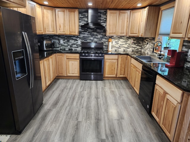 19 Resh Rd, Searsport, ME 04974 - kitchen with black appliances, wall chimney range hood, wooden ceiling, light wood-style flooring, and decorative backsplash