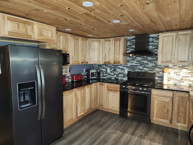 19 Resh Rd, Searsport, ME 04974 - kitchen featuring black appliances, wall chimney exhaust hood, light brown cabinets, dark countertops, and wood ceiling