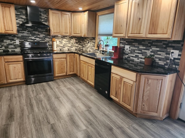 19 Resh Rd, Searsport, ME 04974 - kitchen with wall chimney range hood, black appliances, backsplash, light wood-style floors, and wooden ceiling
