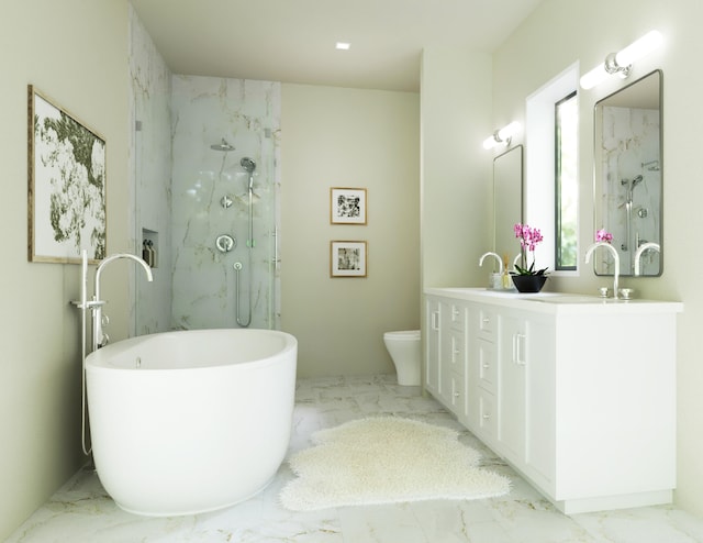 bathroom with vanity, tile patterned flooring, toilet, and tiled shower