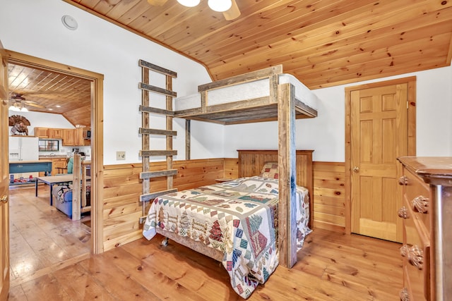 bedroom with wood ceiling, light hardwood / wood-style flooring, ceiling fan, and wooden walls