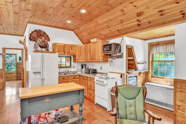 kitchen with light hardwood / wood-style flooring, vaulted ceiling, white appliances, wood ceiling, and ornamental molding