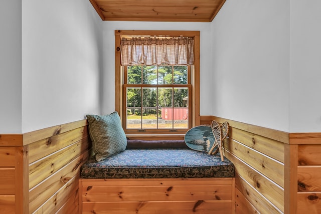 sitting room featuring wooden ceiling and wooden walls