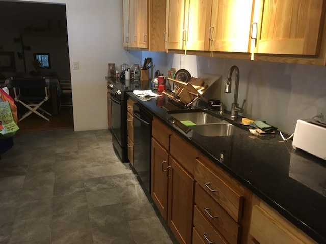 kitchen with sink, black appliances, and dark stone countertops