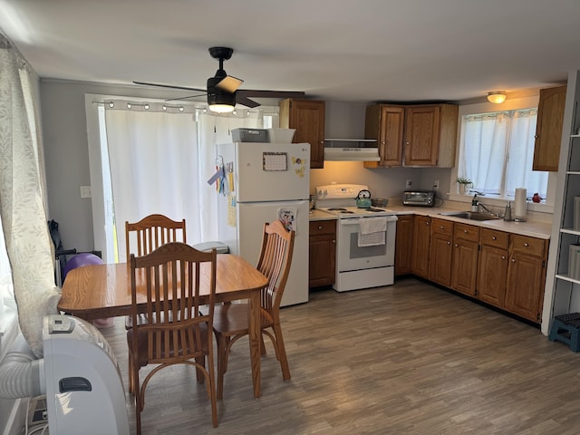 kitchen featuring light countertops, a sink, a ceiling fan, under cabinet range hood, and white appliances