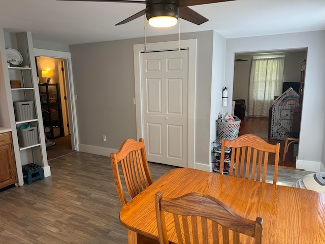 dining space featuring ceiling fan and dark wood-type flooring