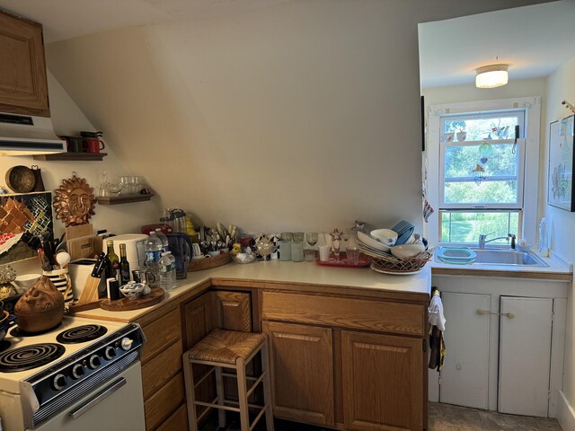 kitchen featuring light countertops, exhaust hood, a sink, electric range oven, and brown cabinets